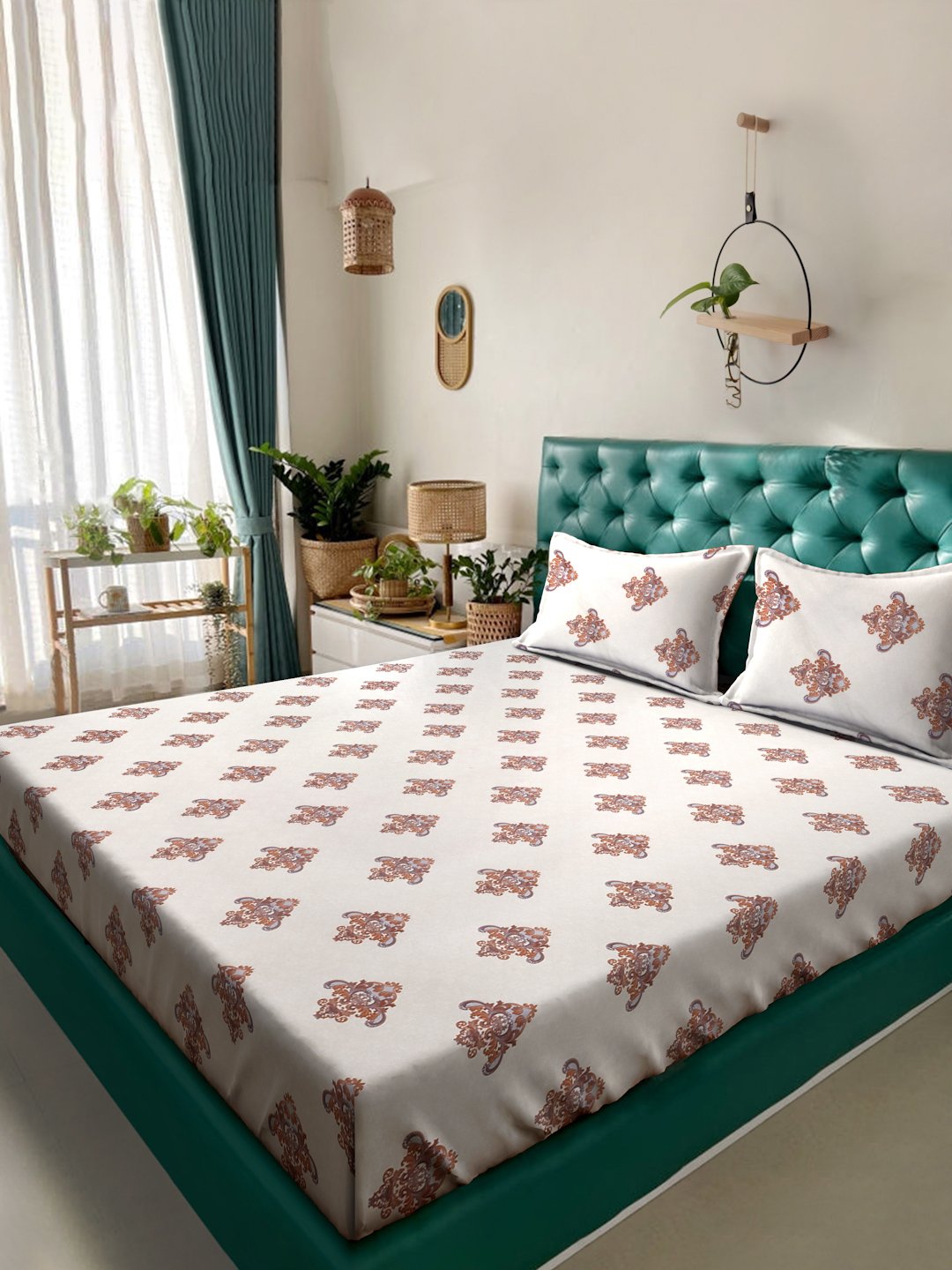 Cream Floral 300 TC Cotton Blend Double Bedsheet in Book Fold Packing