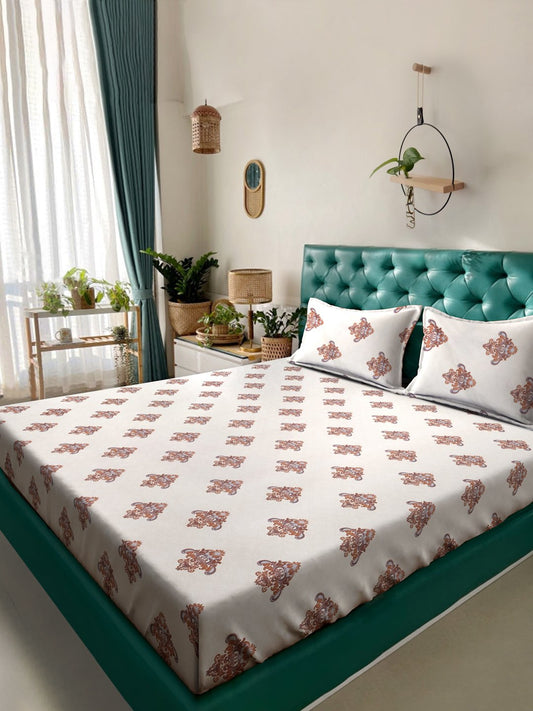 Cream Floral 300 TC Cotton Blend Double Bedsheet in Book Fold Packing