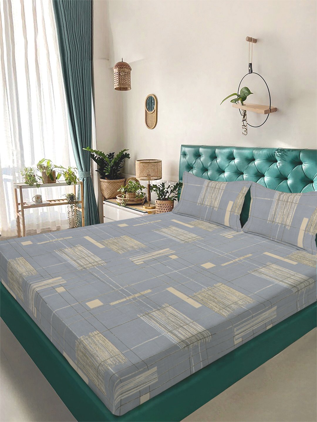 Grey Geometric 300 TC Cotton Blend Double Bedsheet with 2 Pillow Covers