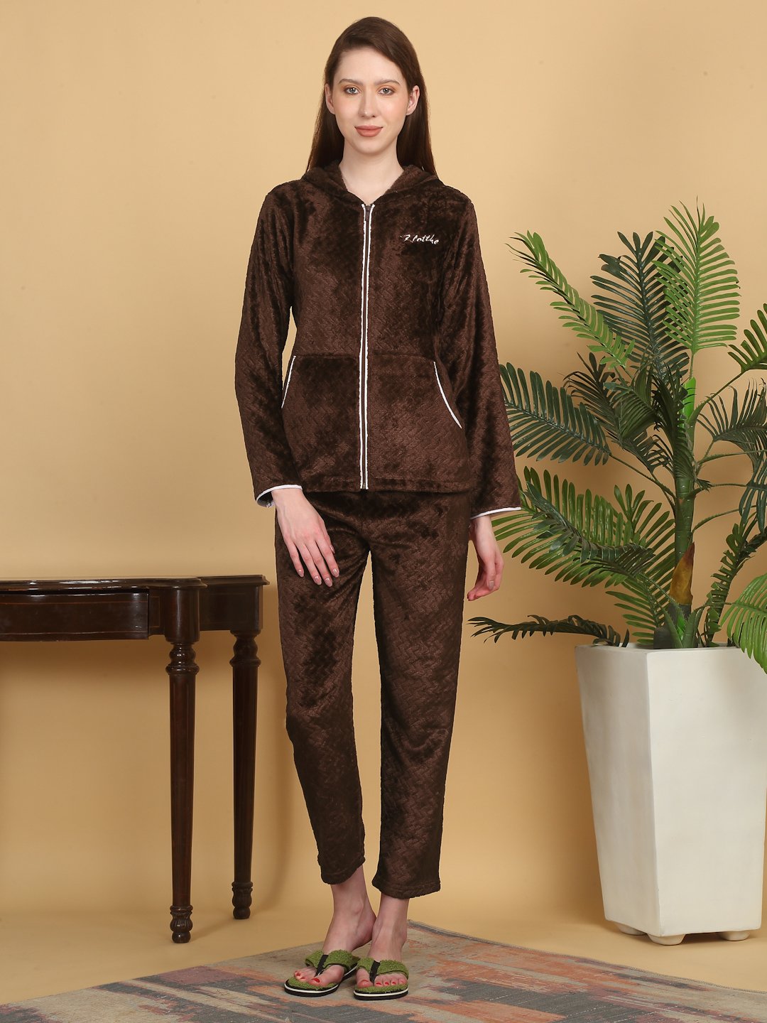 Women Dark Brown Solid Hooded Woolen Night Suit