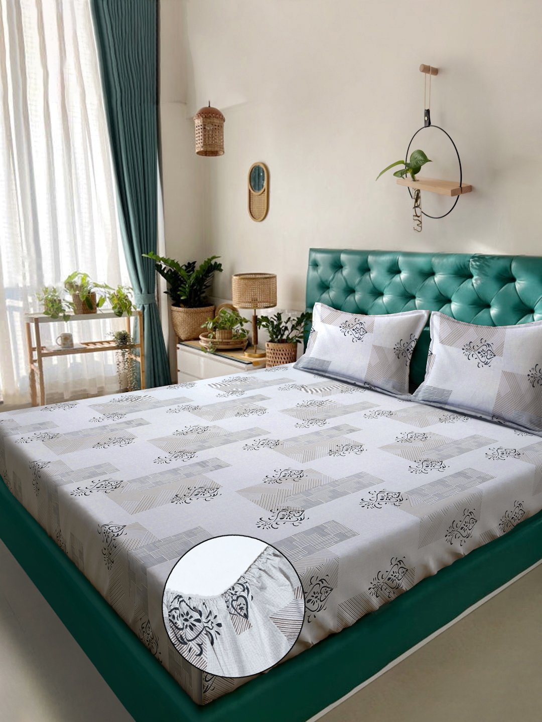 Grey Ethnic Motifs  300 TC Cotton Blend Fitted Double Bedsheet in Book Fold Packing