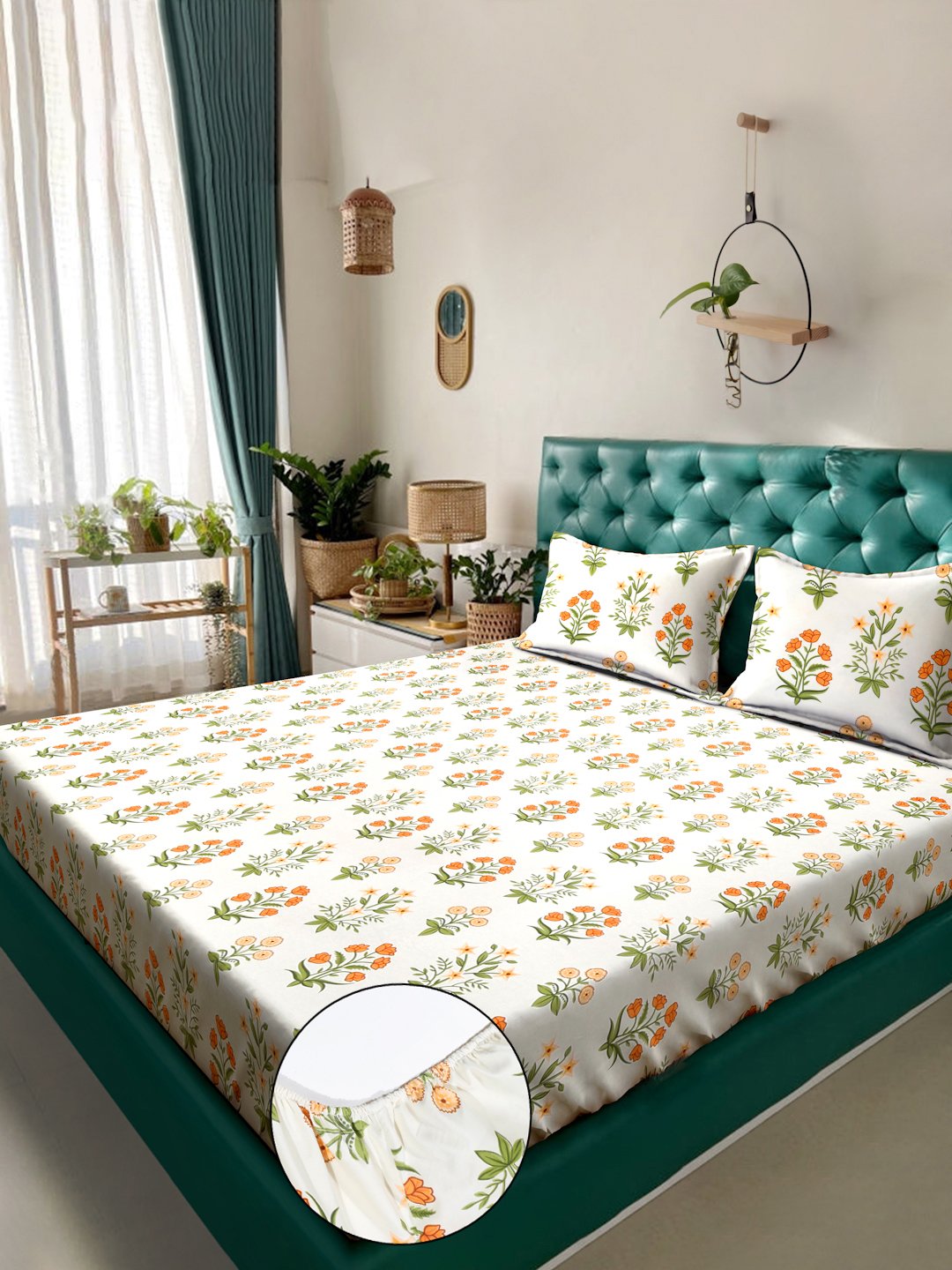 Cream Floral 300 TC Cotton Blend Fitted Double Bedsheet in Book Fold Packing