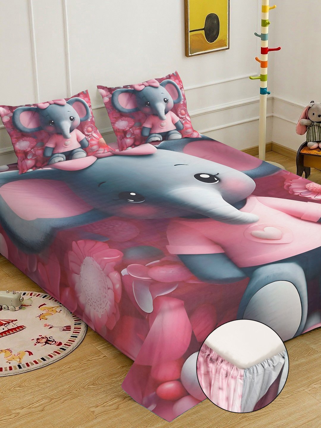 Red 7D Animal Printed Fitted Cotton Blend Double Bedsheet with 2 Pillow Covers