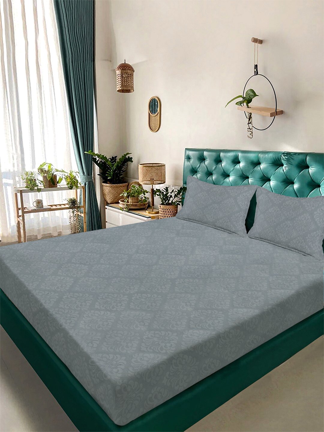 Grey Floral Embossed Cotton Blend Double Bedsheet with 2 Pillow Covers
