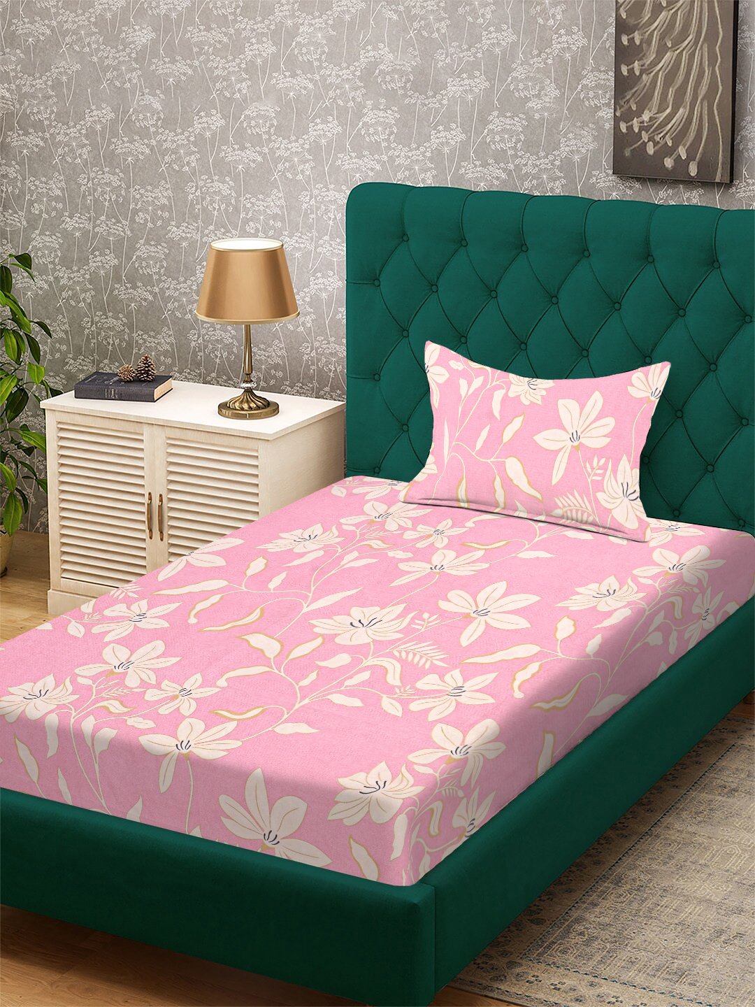 Pink Floral 300 TC Cotton Blend Single Bedsheet with Pillow Cover