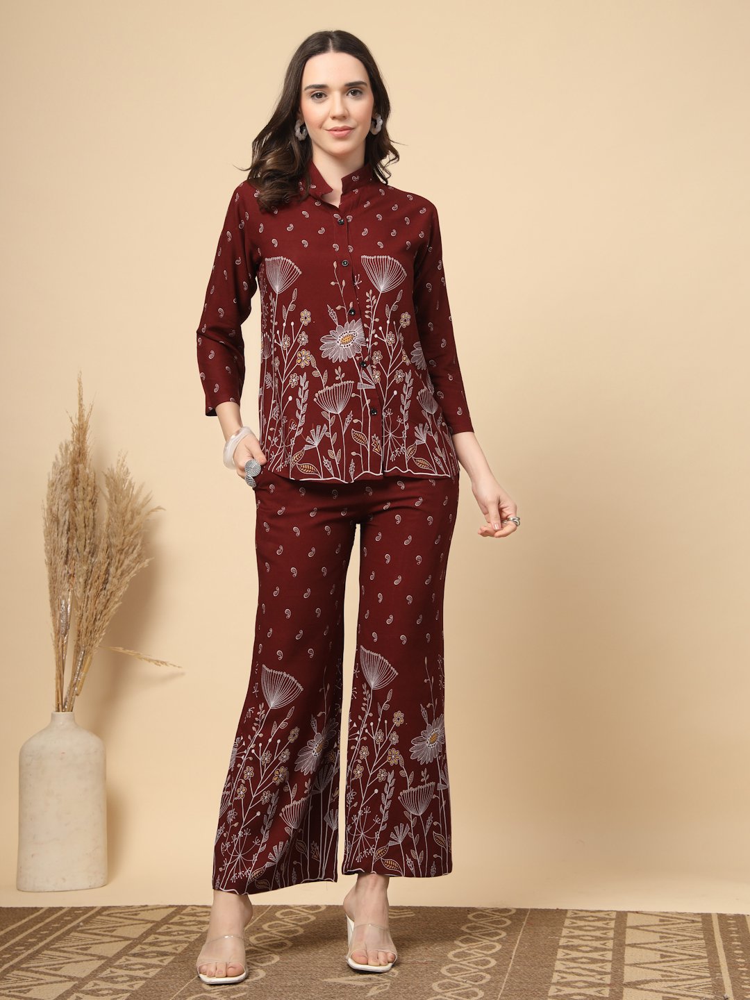 Maroon Cotton Printed Shirt With Trousers Co-Ords Set