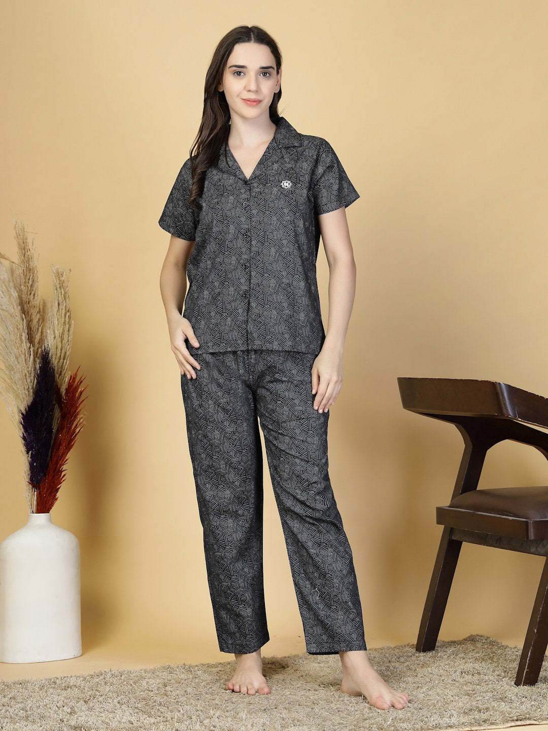 Women Black Abstract Pure Cotton Night Suit