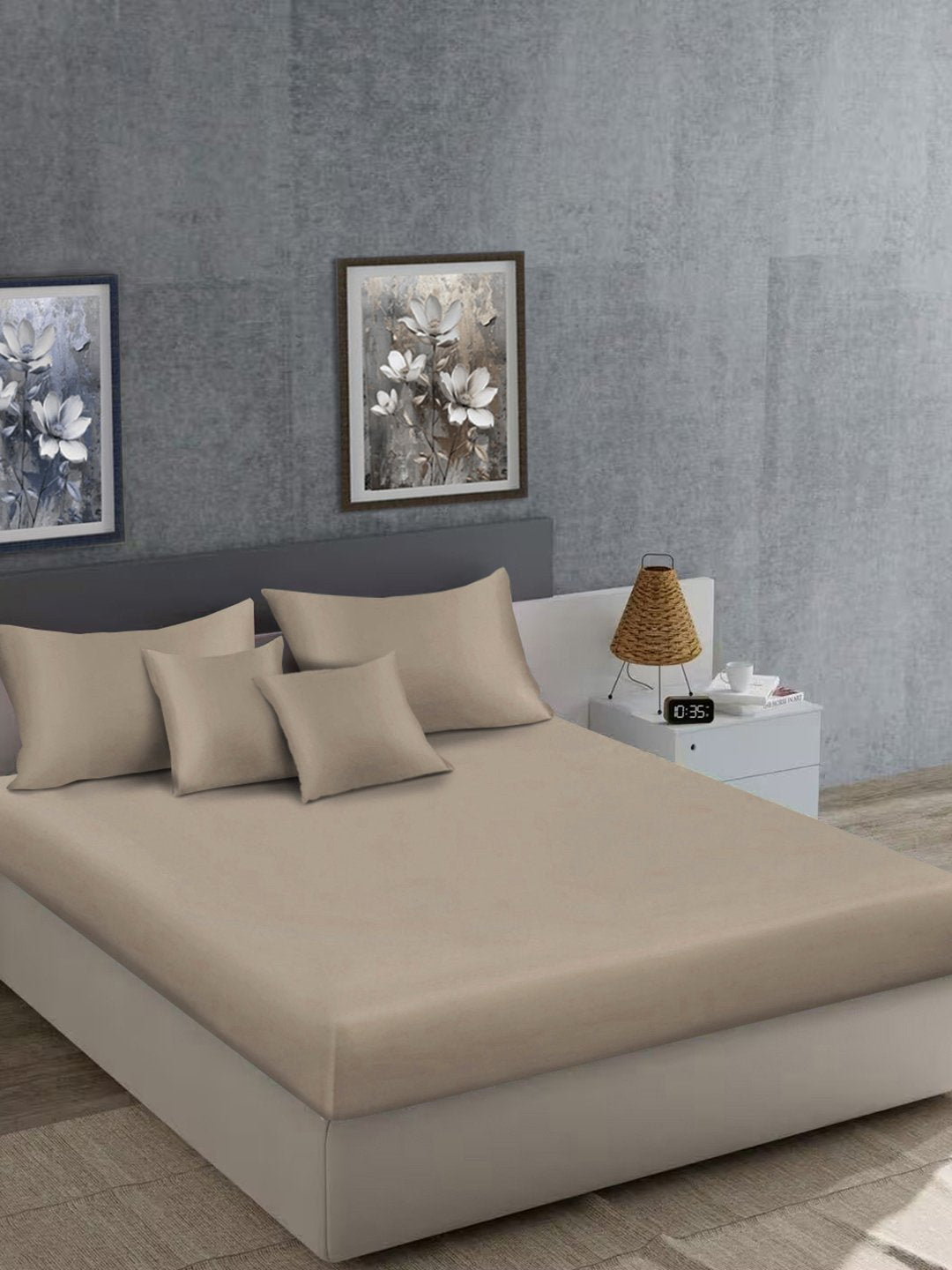 Beige Solid 400 TC Satin Super King Double Bedsheet with 2 Pillow Covers & 2 Cushion Covers