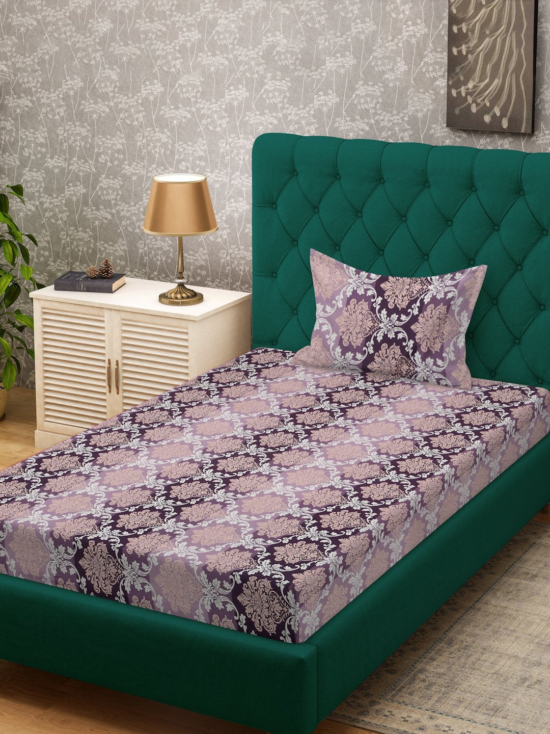 Purple Floral 300 TC Cotton Blend Single Bedsheet with Pillow Cover