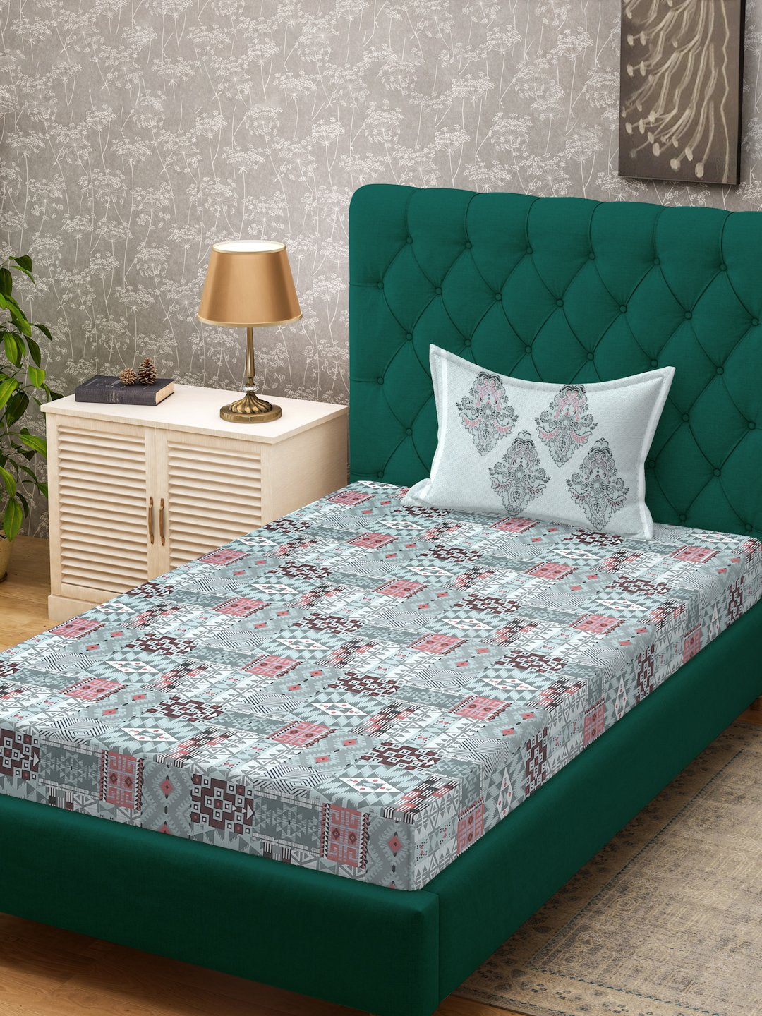 Grey Geometric 400 TC Pure Cotton Single Bedsheet with Pillow Cover