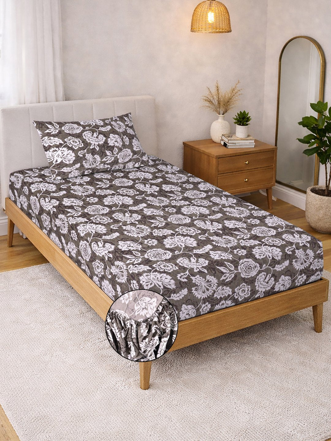 Brown Floral Cotton Blend Fitted Single Bedsheet with Pillow Cover
