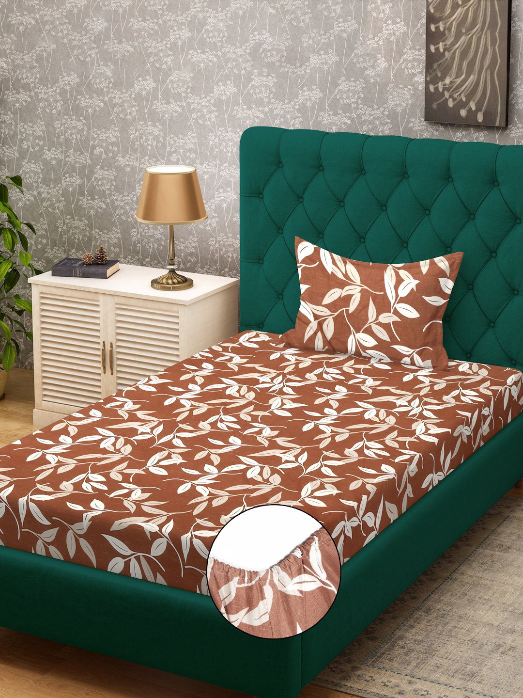 Brown Floral 300 TC Cotton Blend Fitted Single Bedsheet Set in Book Fold Packing