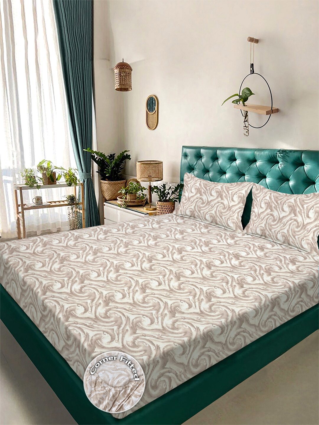 Beige Abstract 300 TC Cotton Blend Fitted Double Bedsheet with 2 Pillow Covers