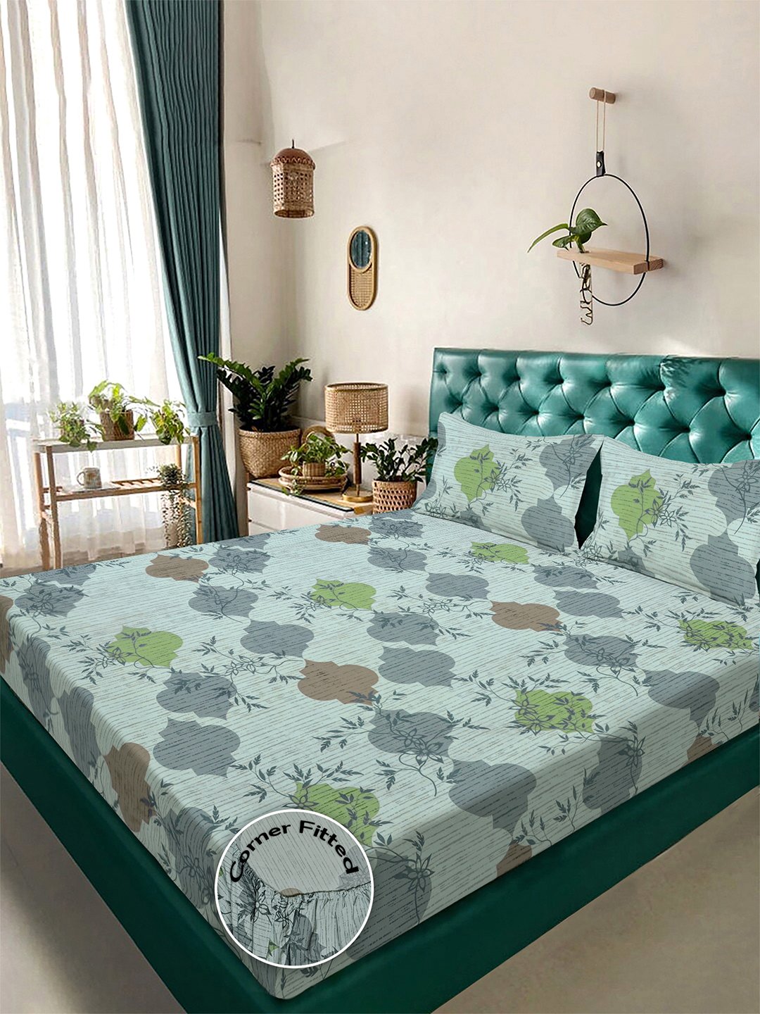 Multi Floral 300 TC Cotton Blend Fitted Double Bedsheet in Book Fold Packing