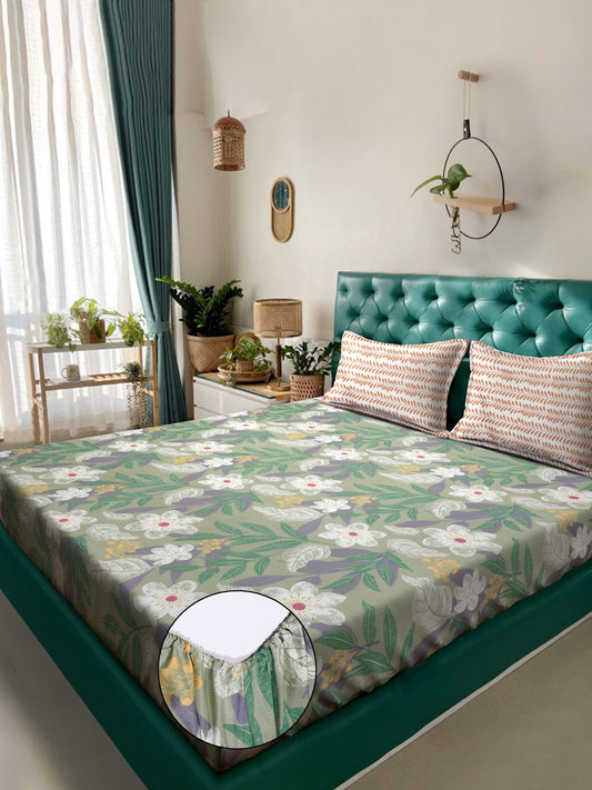 Green Floral 300 TC Cotton Blend Fitted Double Bedsheet in Book Fold Packing