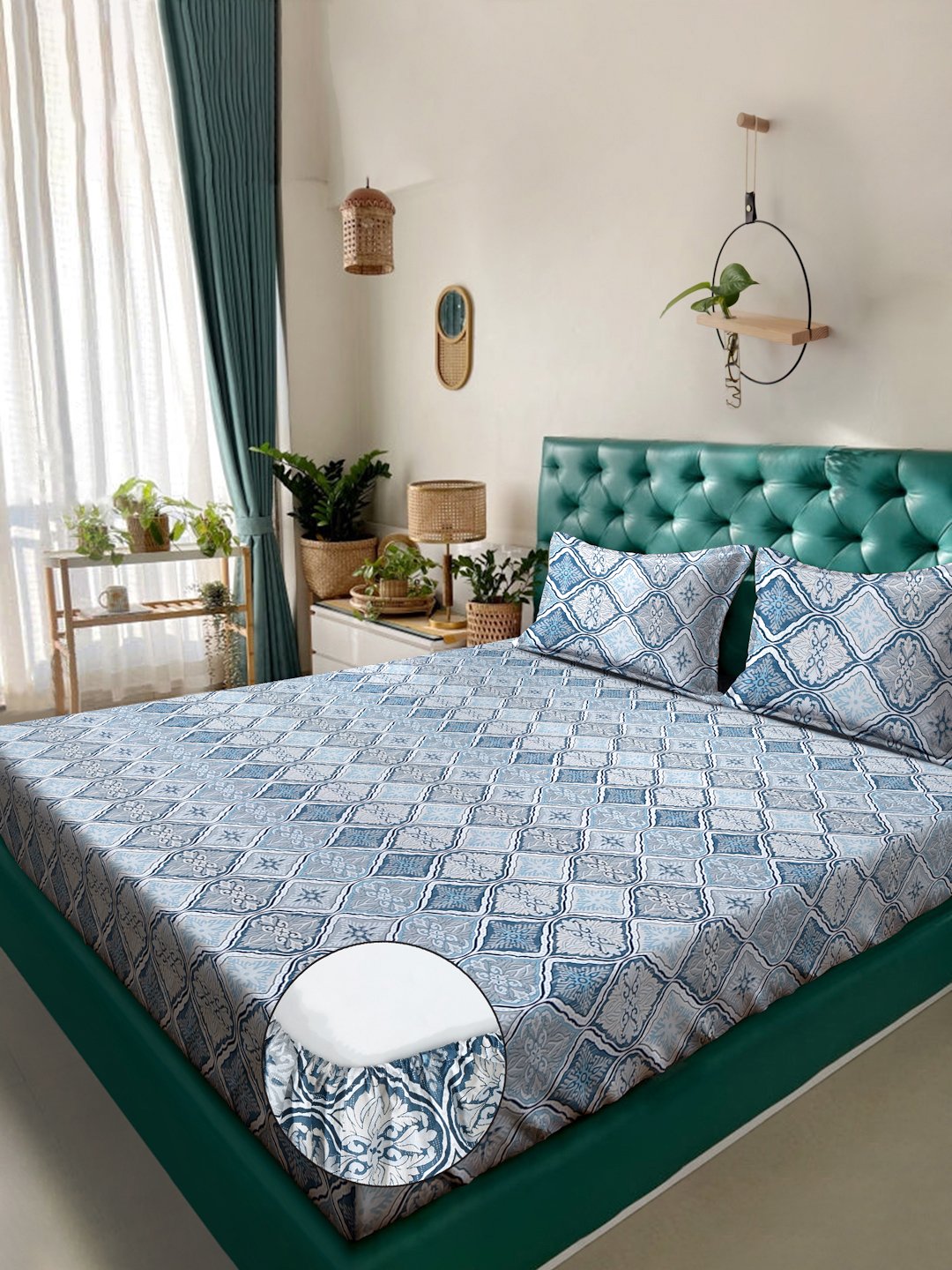 Blue Floral 400 TC Pure Cotton Fitted Double Bedsheet with 2 Pillow Covers