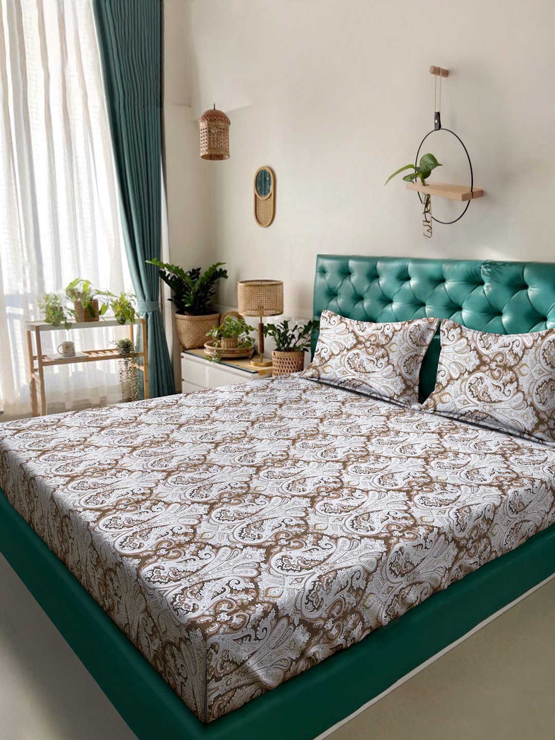 Brown Floral 400 TC Pure Cotton Double Bedsheet with 2 Pillow Covers