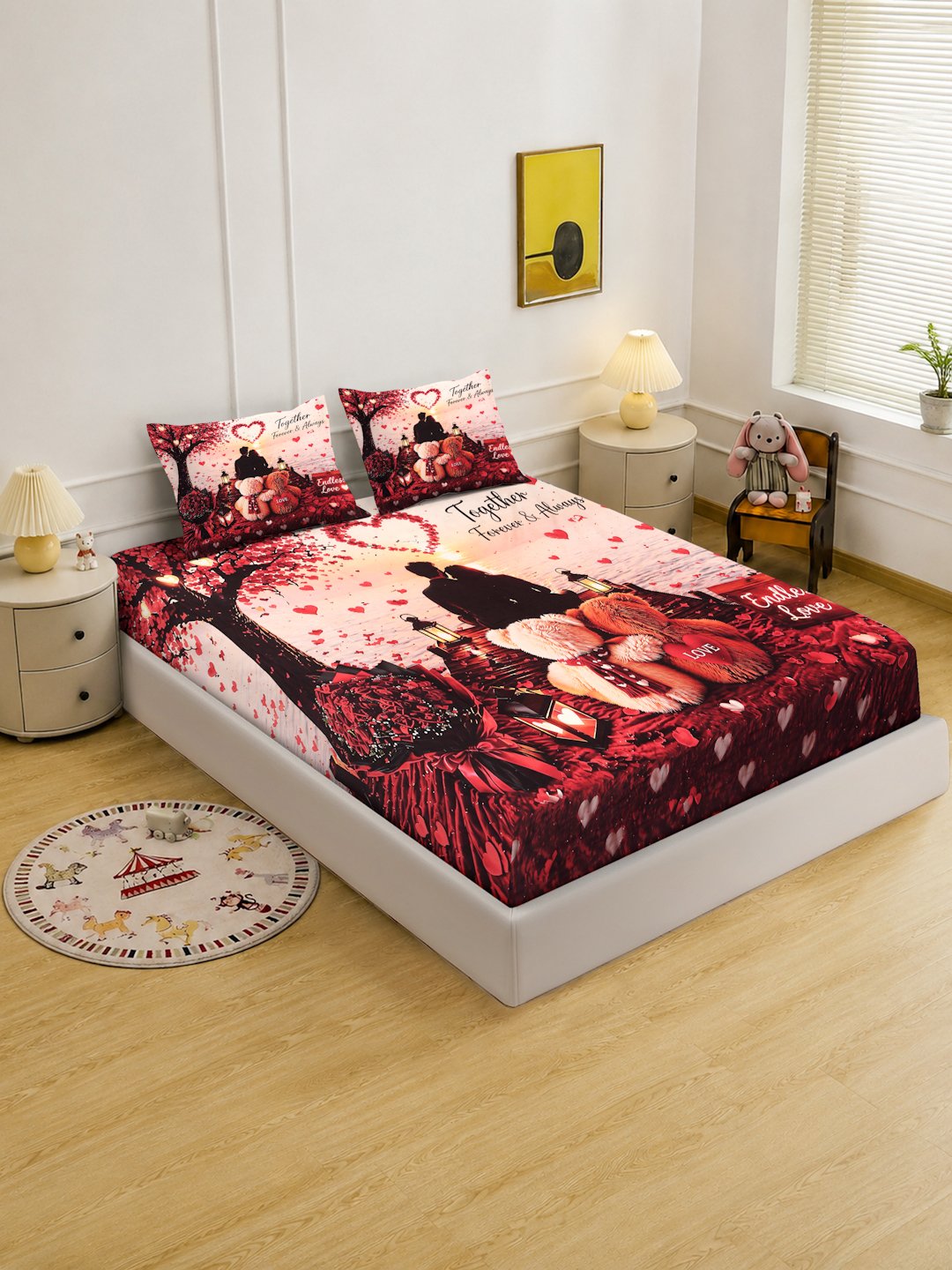 Digital Printed Red Conversational Cotton Blend Double Bedsheet with 2 Pillow Covers