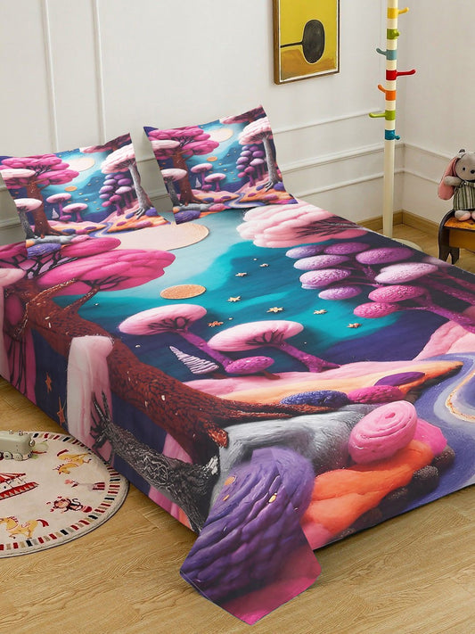 Purple 7D Floral Printed Cotton Blend Double Bedsheet with 2 Pillow Covers