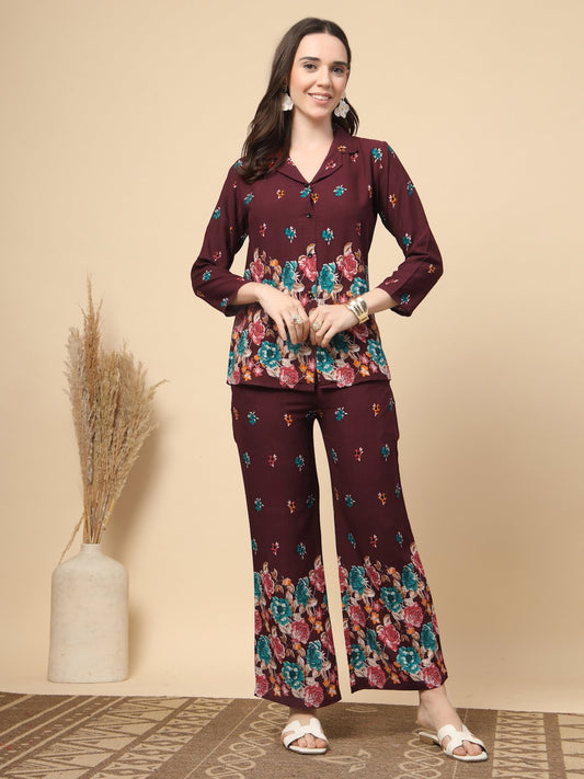 Wine Cotton Printed Shirt With Trousers Co-Ords Set