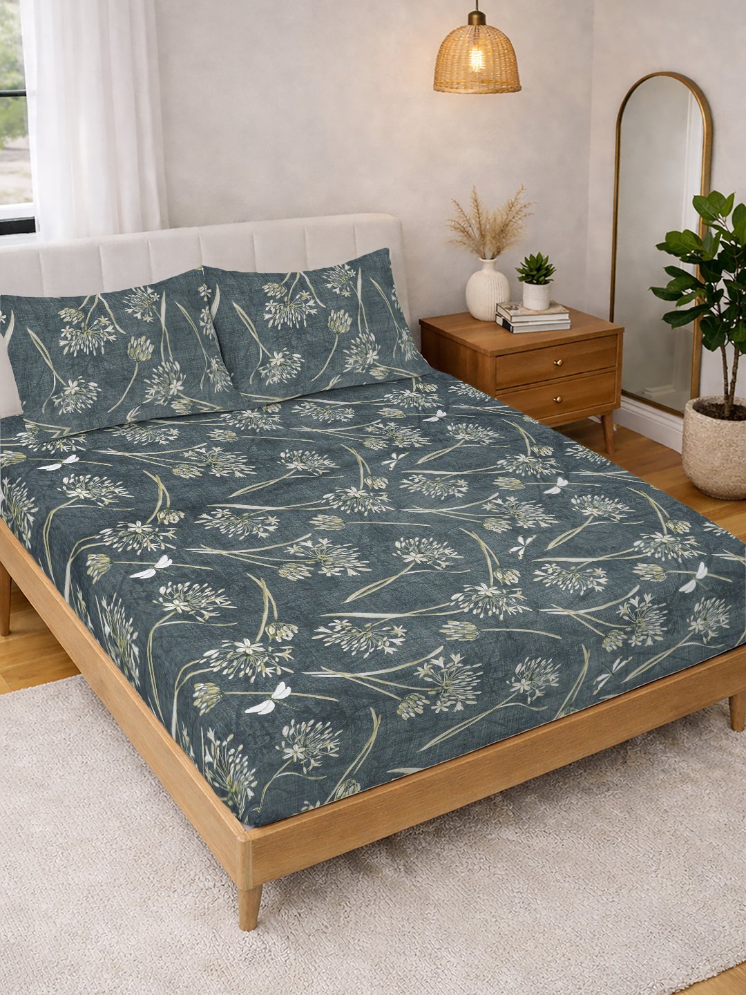 Green Floral Cotton Blend Double Bedsheet with 2 Pillow Covers