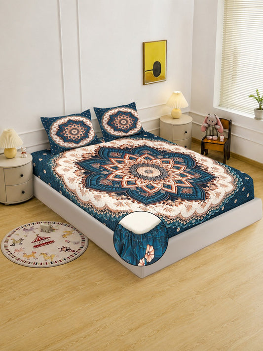 Digital Printed Blue Floral Cotton Blend Fitted Double Bedsheet with 2 Pillow Covers