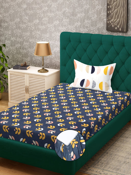 Klotthe Blue Floral 300 TC Cotton Blend Fitted Single Bedsheet with Pillow Cover