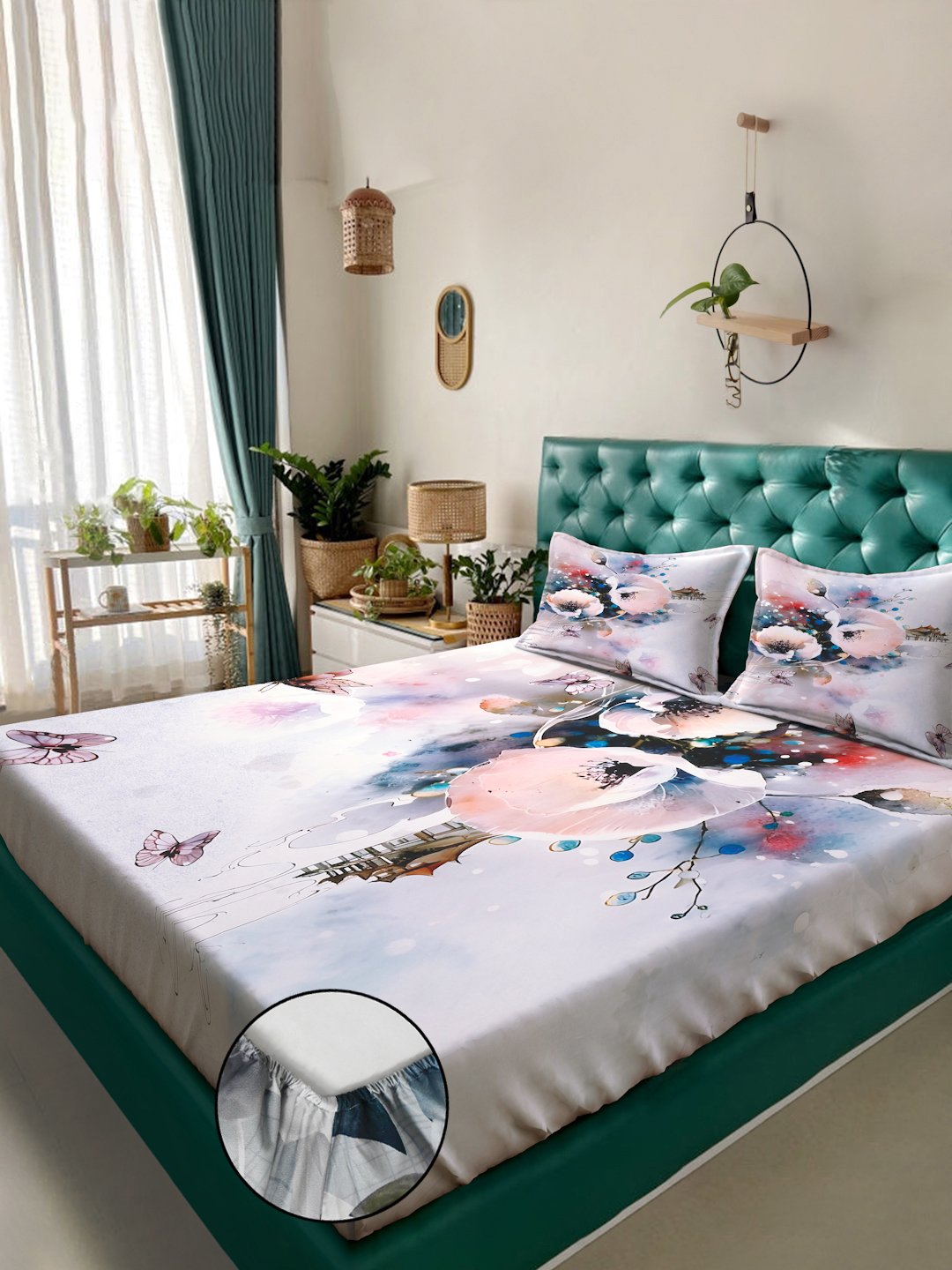 Multi Digital Floral Printed Cotton Blend Fitted Fitted Double Bedsheet with 2 Pillow Covers