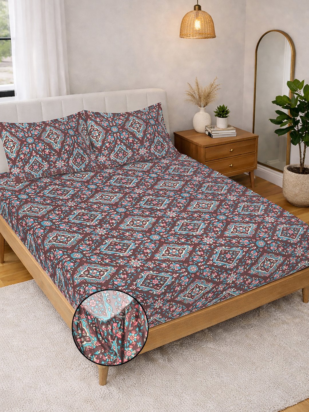 Brown Floral Fitted Fitted Cotton Blend Double Bedsheet with 2 Pillow Covers