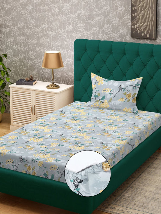 Multi Floral 300 TC Cotton Blend Fitted Single Bedsheet Set in Book Fold Packing
