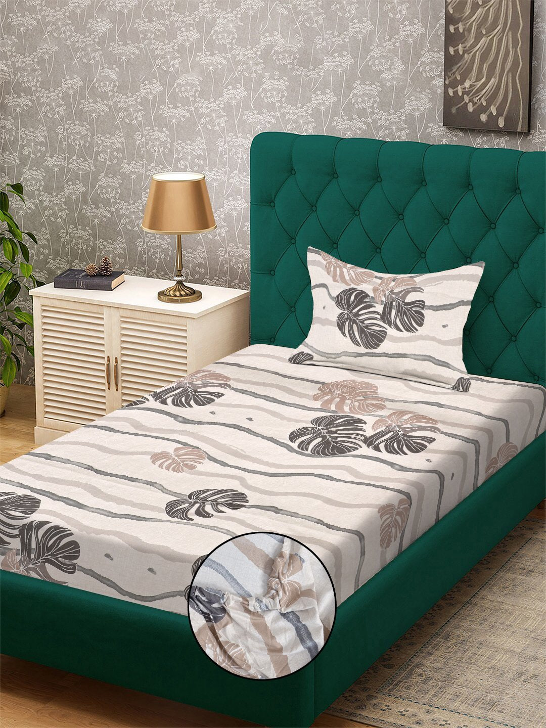 Beige Floral 300 TC Cotton Blend Fitted Single Bedsheet with Pillow Cover