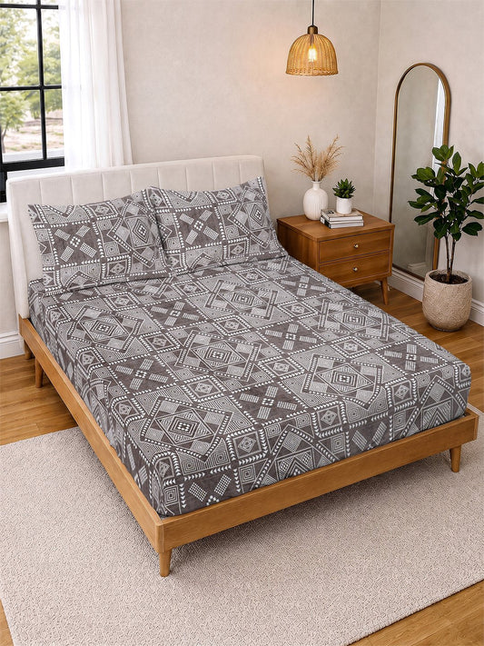 Brown Geometric Cotton Blend Double Bedsheet with 2 Pillow Covers