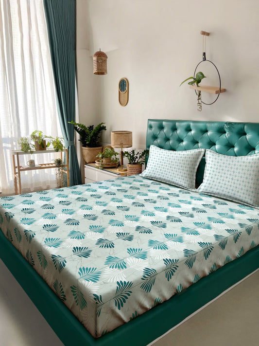 Green Floral 400 TC Pure Cotton Double Bedsheet with 2 Pillow Covers
