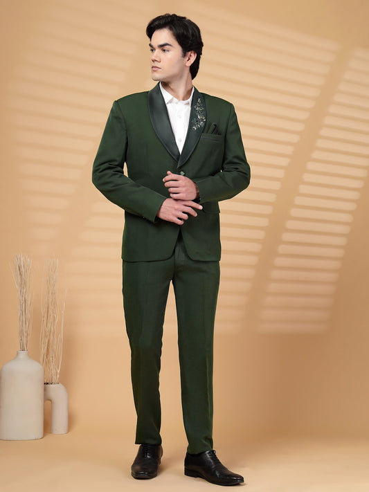 Green Solid Embroidery Single-Breasted Two-Piece Party Suit