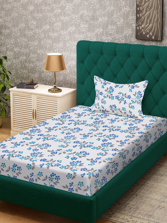 White Floral 300 TC Cotton Blend Single Bedsheet with Pillow Cover