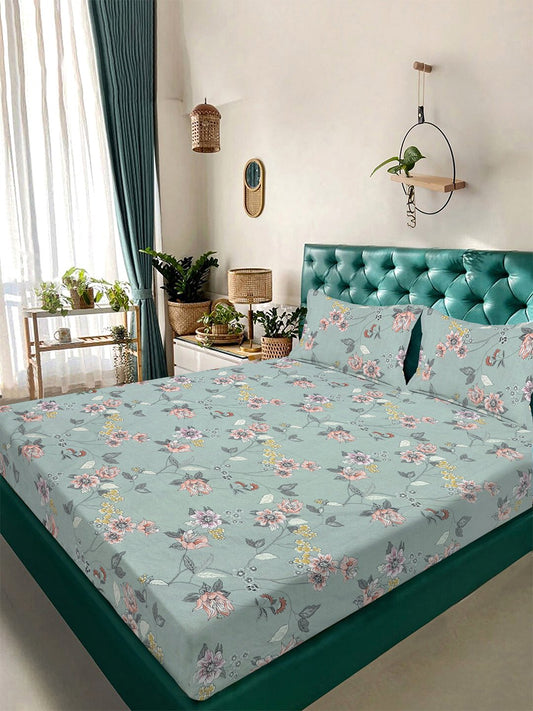 Green Floral 300 TC Cotton Blend Double Bedsheet with 2 Pillow Covers