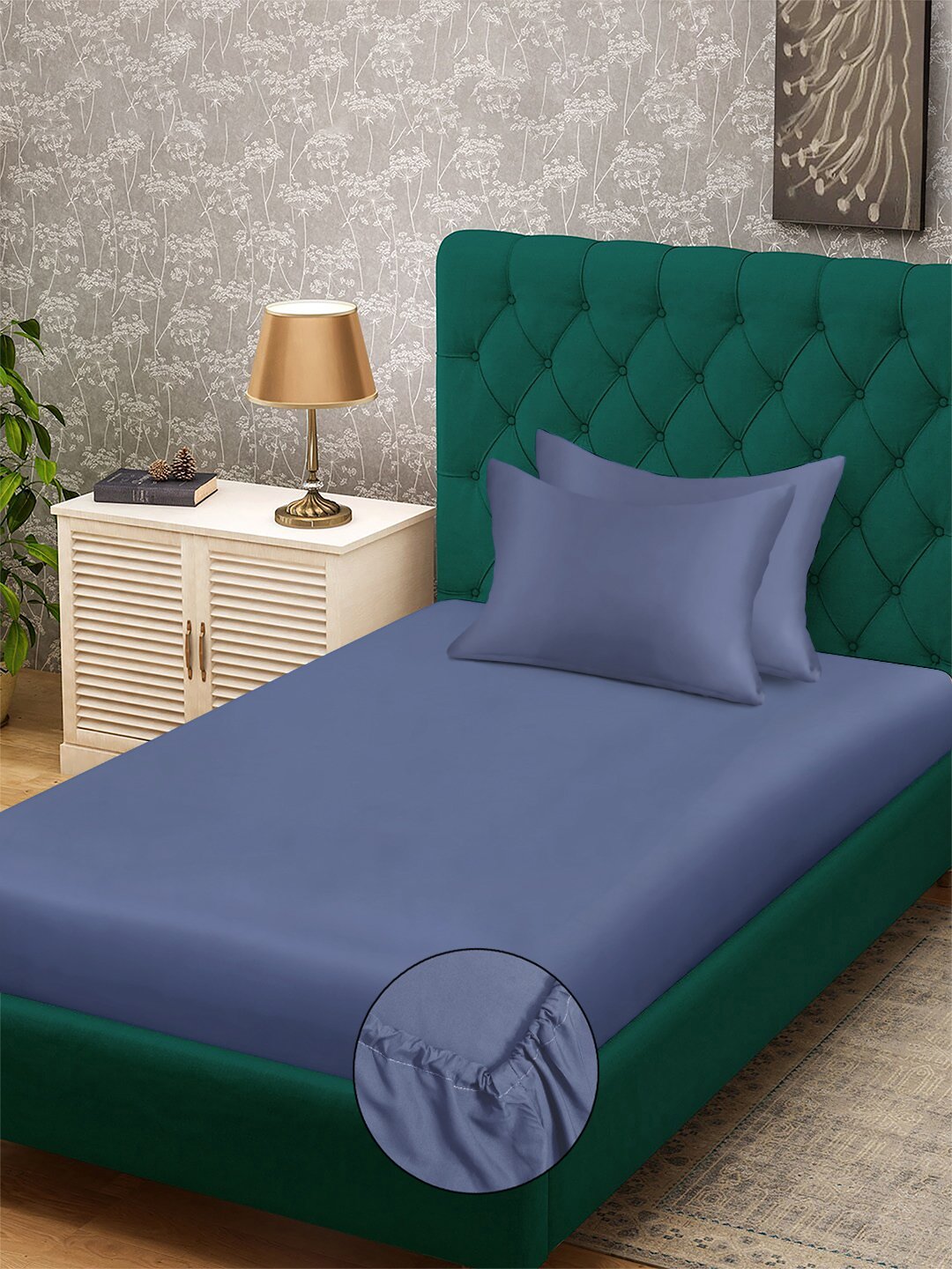 Blue Solid 300 TC Cotton Blend Fitted Single Bedsheet with 2 Pillow Covers