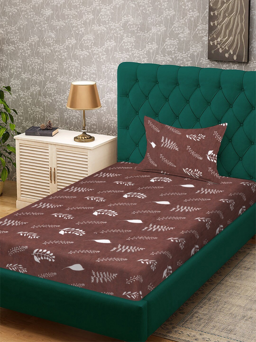 Brown Floral 300 TC Cotton Blend Single Bedsheet with Pillow Cover