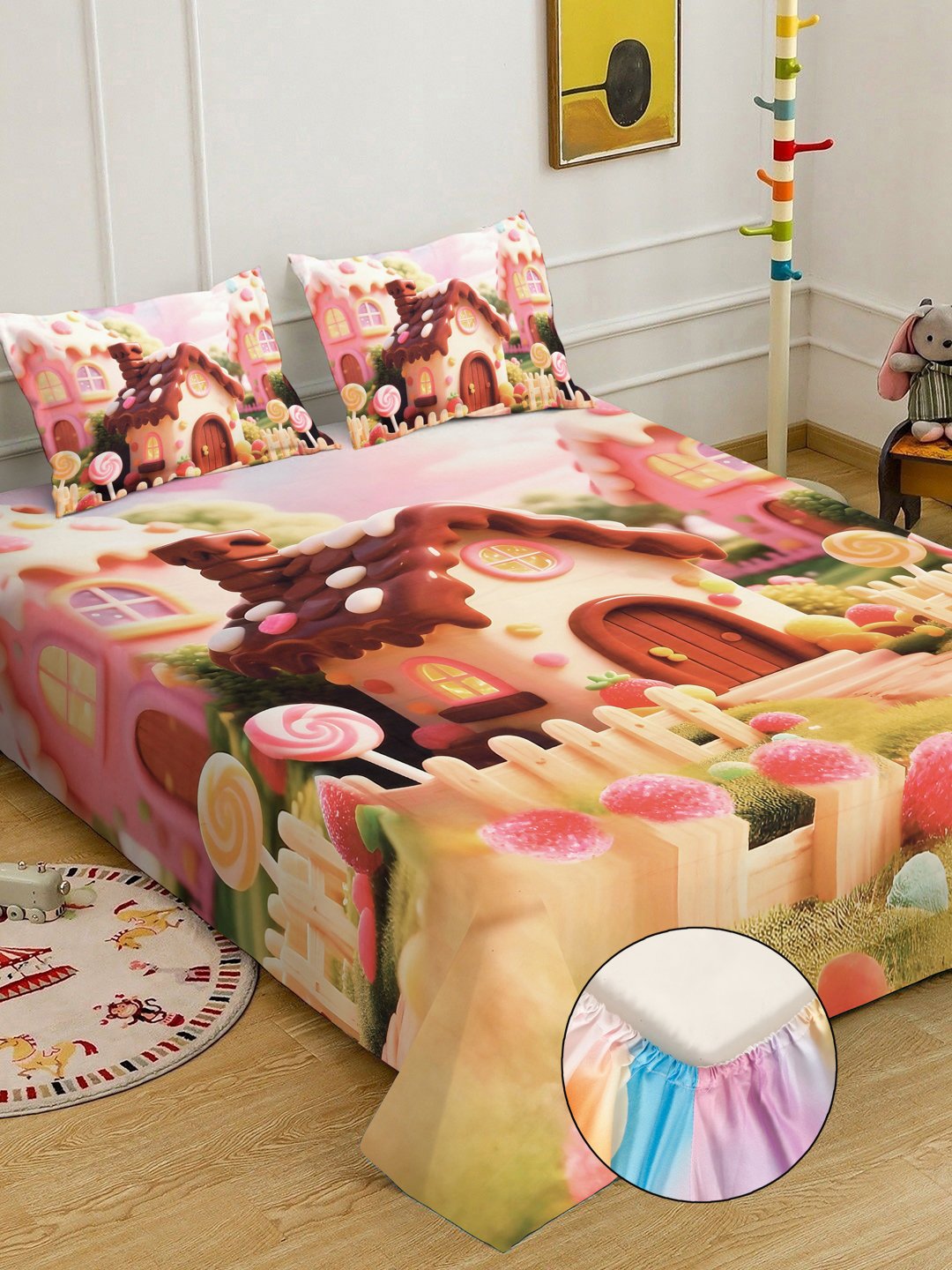 Multi 7D Cartoon Characters Printed Fitted Cotton Blend Double Bedsheet with 2 Pillow Covers