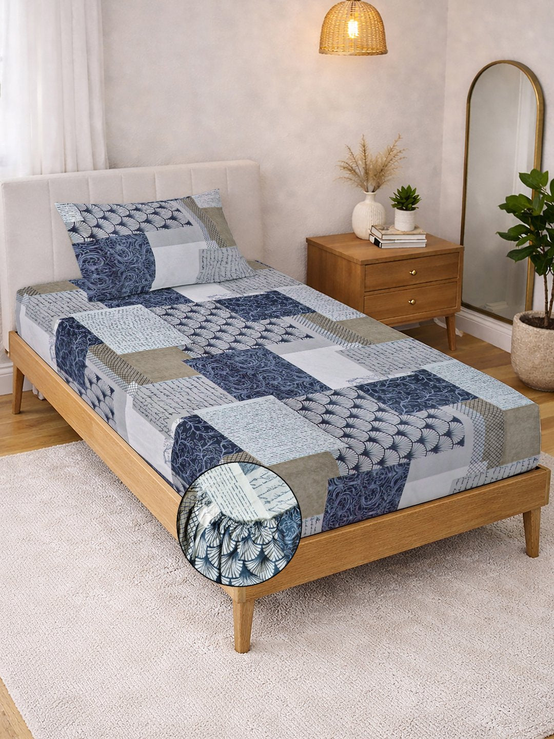 Multi Geometric Cotton Blend Fitted Single Bedsheet with Pillow Cover
