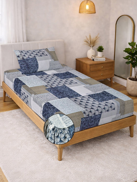 Multi Geometric Cotton Blend Fitted Single Bedsheet with Pillow Cover