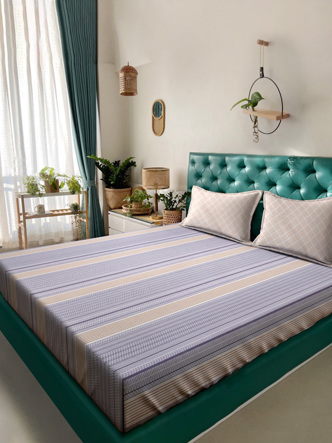 Purple Striped 300 TC Cotton Blend Double Bedsheet with 2 Pillow Covers
