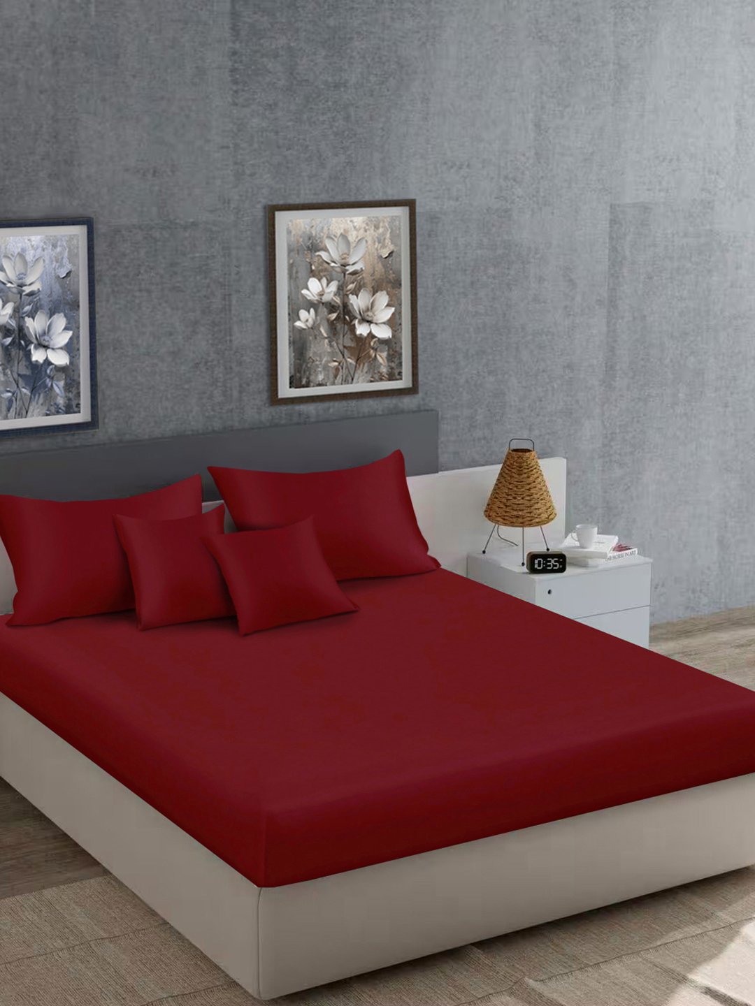 Maroon Solid 400 TC Satin Super King Double Bedsheet with 2 Pillow Covers & 2 Cushion Covers