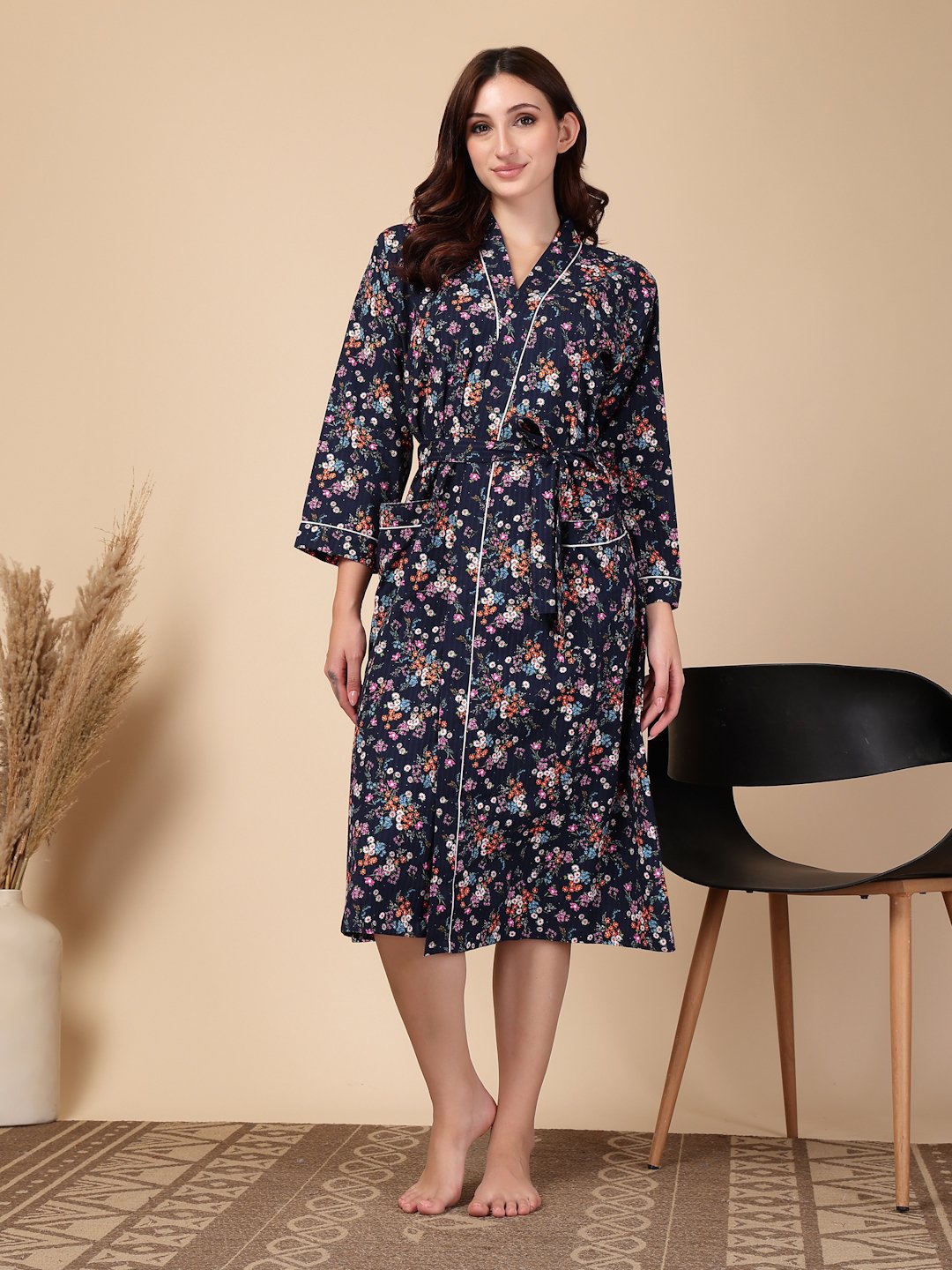 Women Printed Blue Floral Pure Cotton Bath Robe With Belt