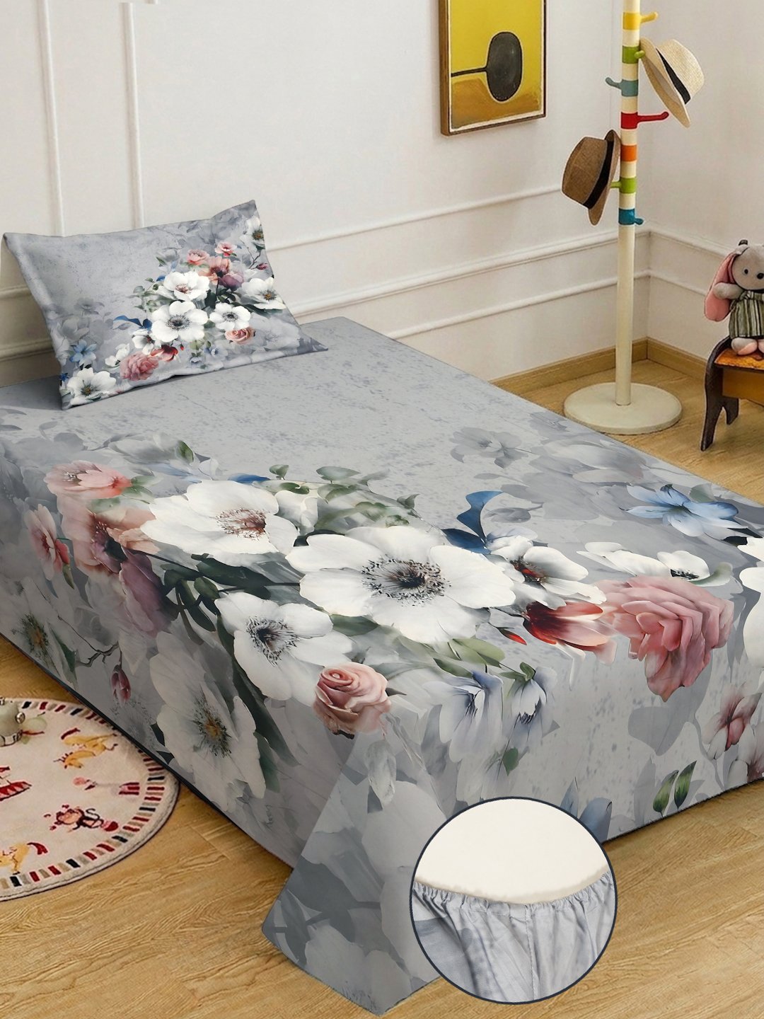 Grey Digital Floral Printed Cotton Blend Fitted Single Bedsheet with Pillow Cover