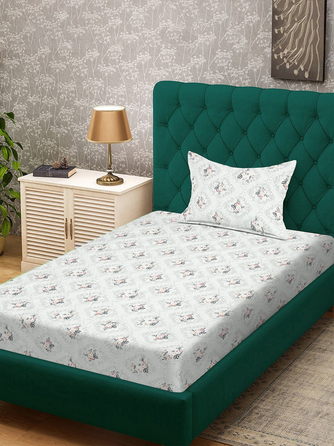 Cream Floral 300 TC Cotton Blend Fitted Single Bedsheet with Pillow Cover