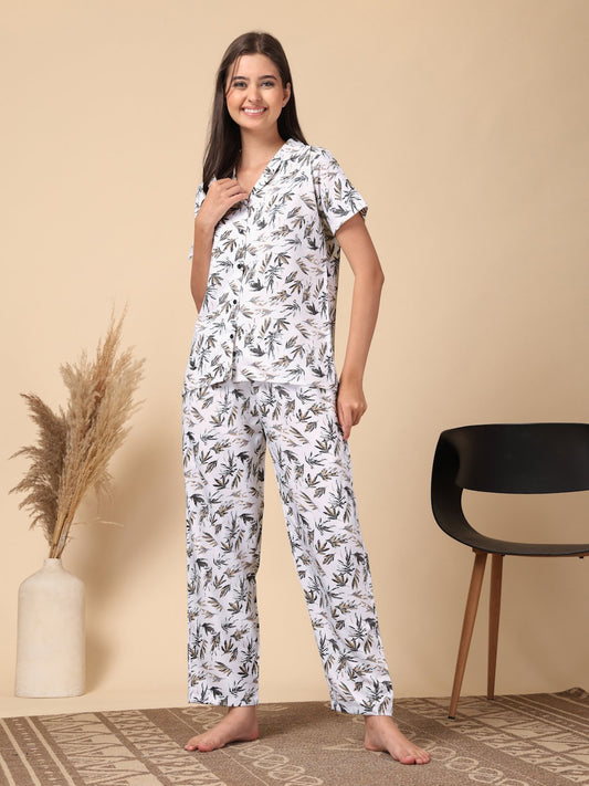 White Floral Cotton Blend Women Night Suit