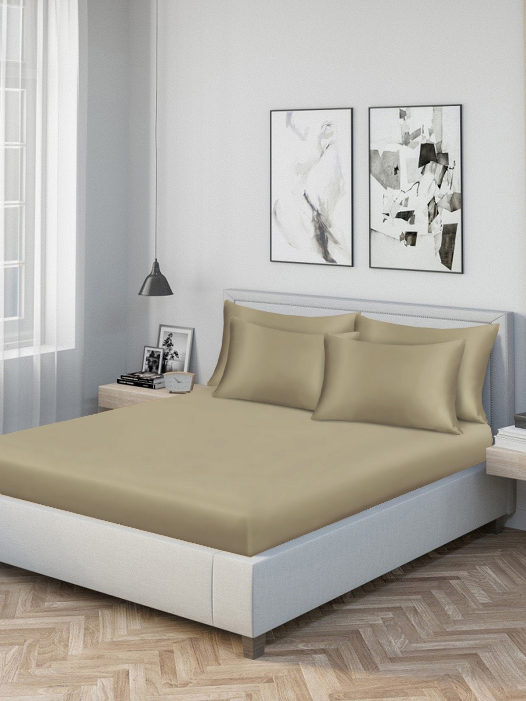 Beige Solid 300 TC Cotton Blend Double Bedsheet with 4 Pillow Covers