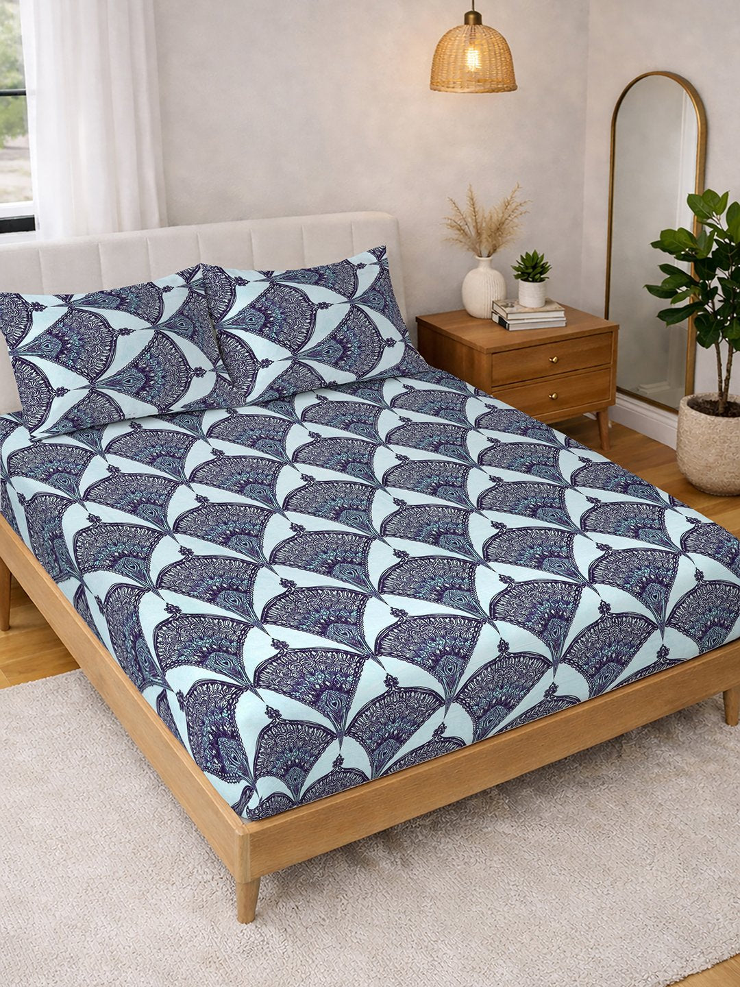 Blue Geometric Cotton Blend Double Bedsheet with 2 Pillow Covers
