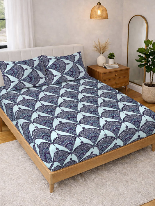 Blue Geometric Cotton Blend Double Bedsheet with 2 Pillow Covers